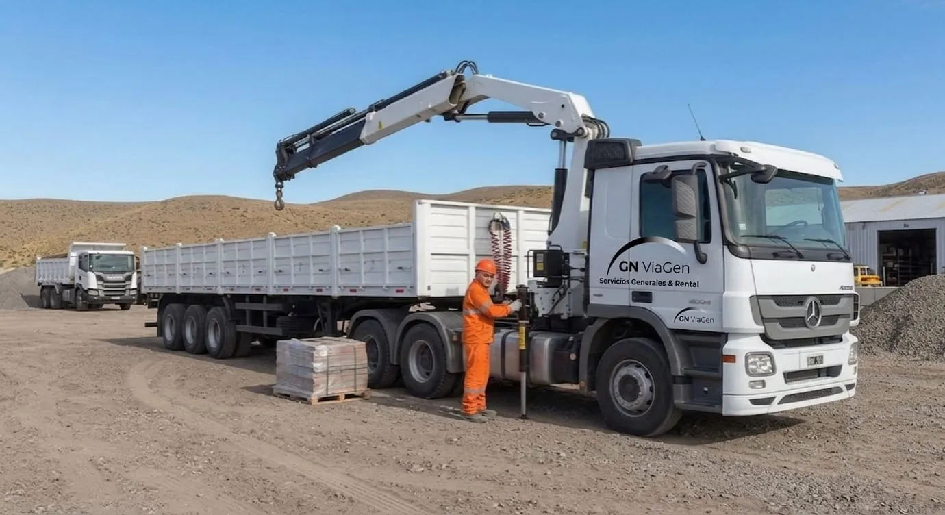 Camion con hidrogrua y semirremolque en obra