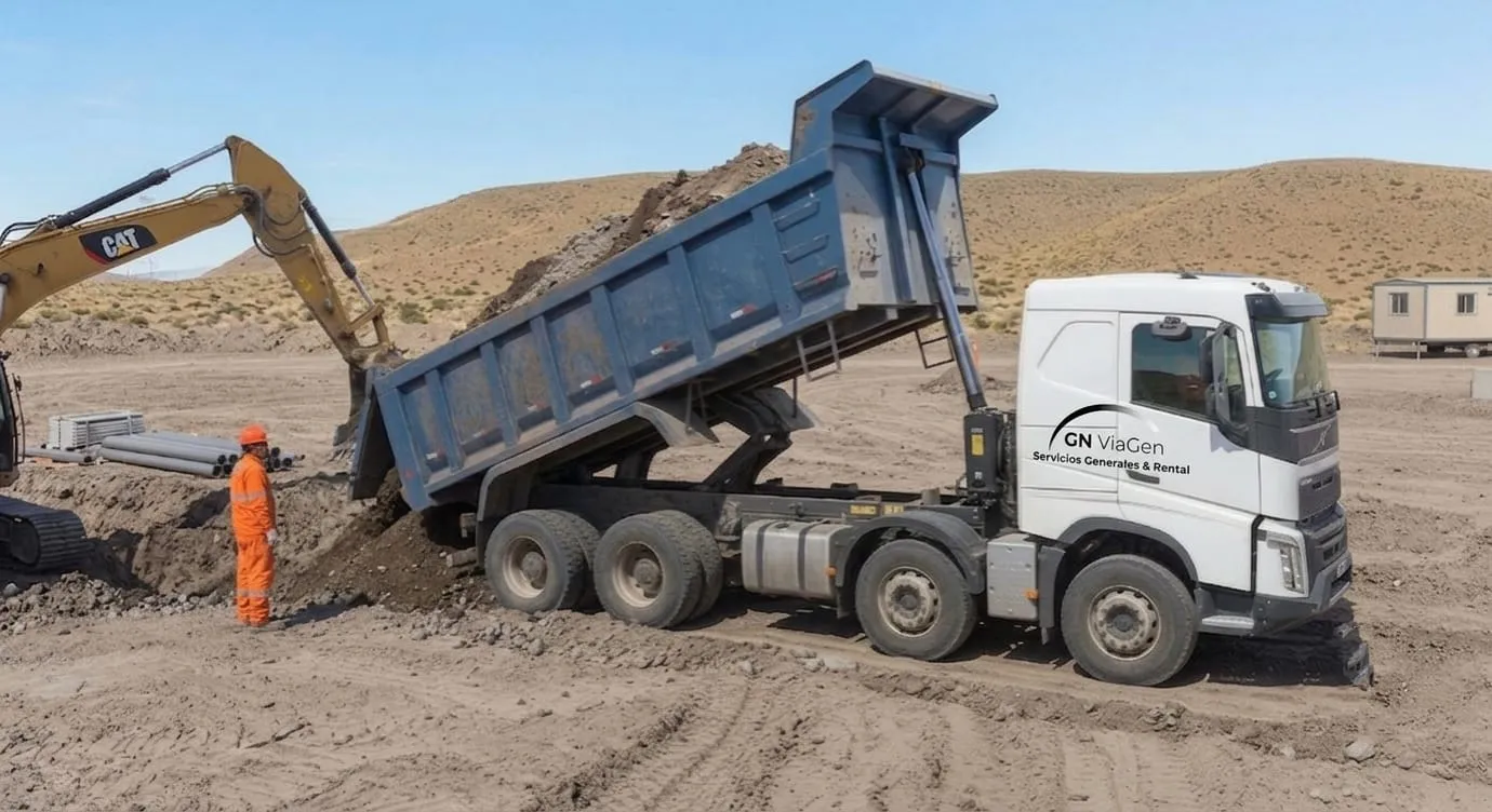 Camion volcador descargando material en obra