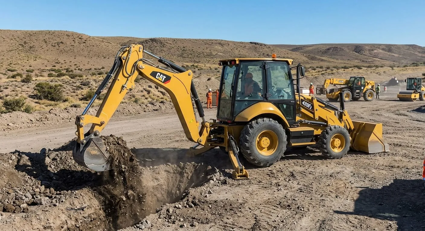 Retroexcavadora Caterpillar 420F2 trabajando en obra